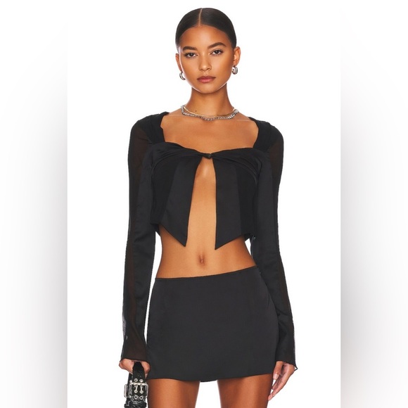 Guizio Long Sleeve Open Front Bow Top in Black - Picture 1 of 6